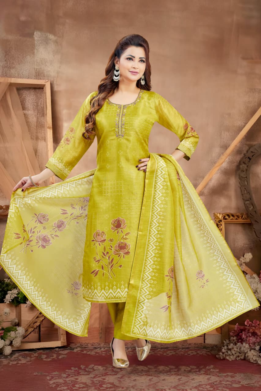 Shree Shanti Selection - Lime Green Printed Ethnic Suit